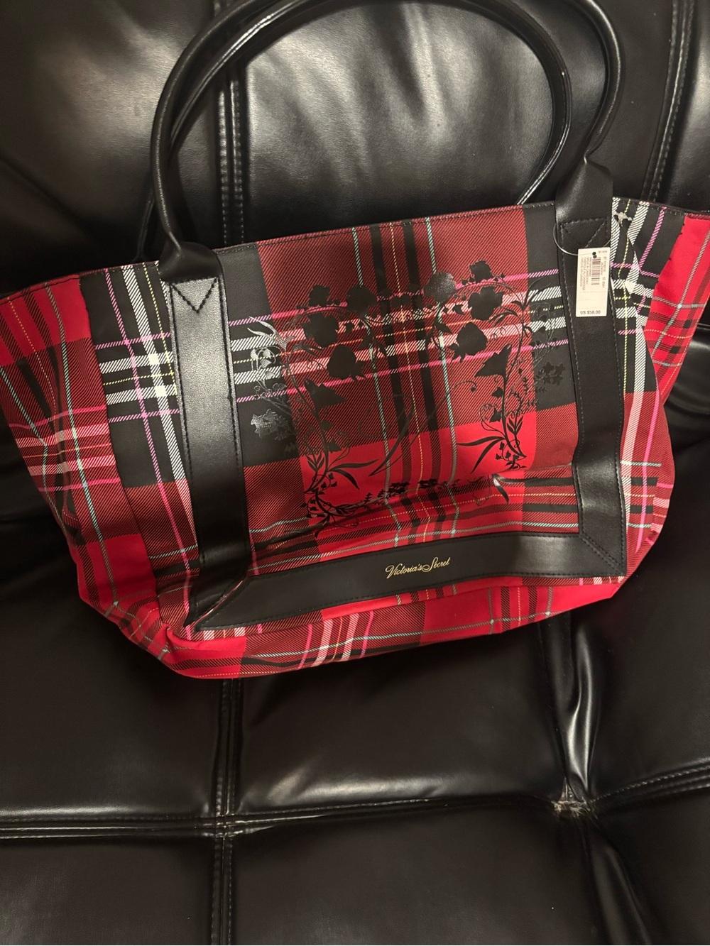 Victoria secret Red Plaid Tote with Black Trim and Floral Print